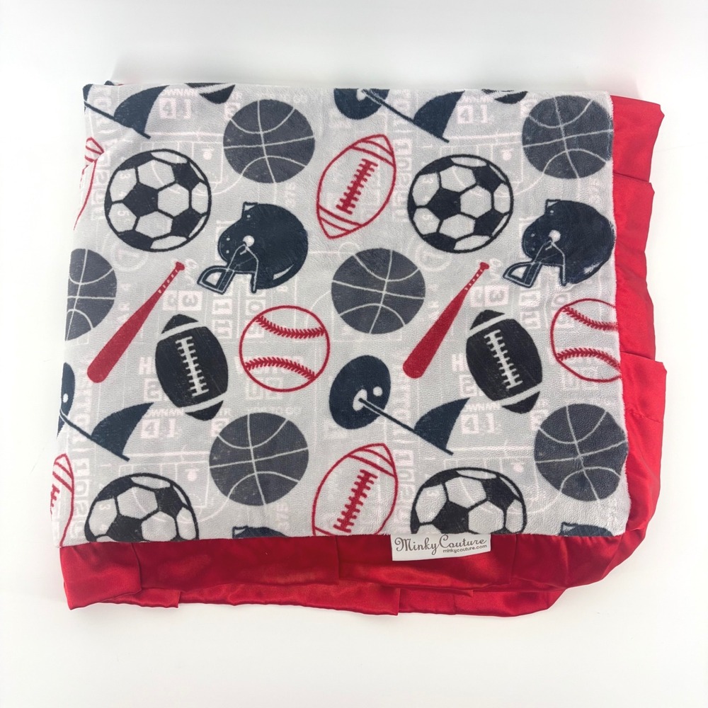 Minky Couture All Star Sports Baby Blanket Red Satin Ruffle Trim Football Soccer
